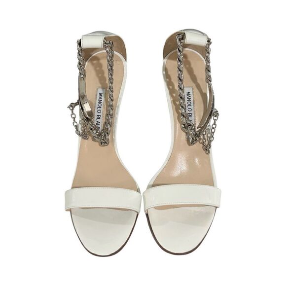 SOLD Manolo Blahnik Chaos Chain-Wrap White Patent Sandal Heels Size 39/9 - Picture 5 of 11